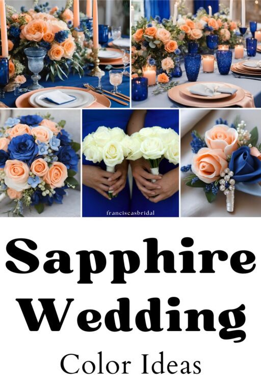 A photo collage of sapphire and peach wedding color ideas.