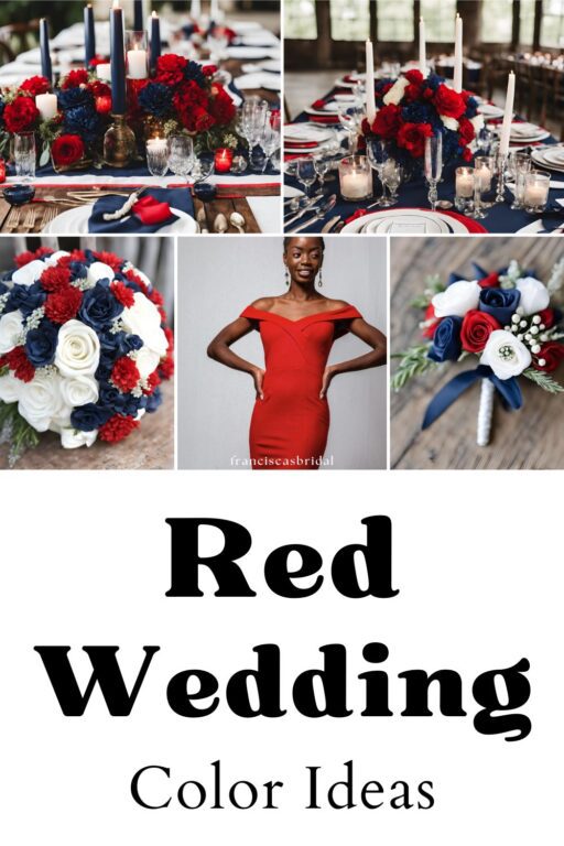 A photo collage of red and navy wedding color ideas.