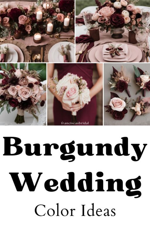 A photo collage of burgundy and dusty pink wedding color ideas.