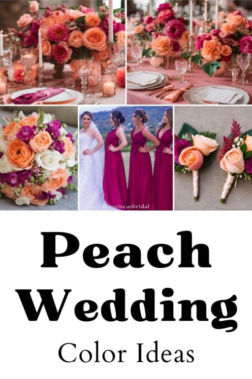 A photo collage of peach and magenta wedding color ideas.