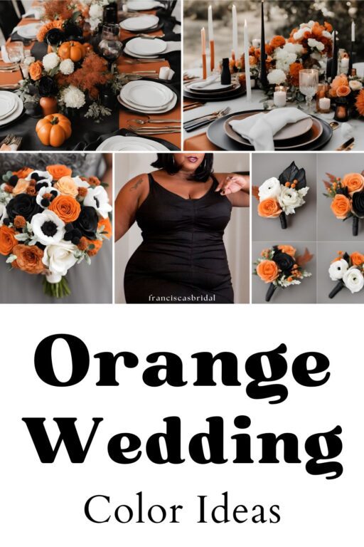 A photo collage of black and orange wedding palette ideas.