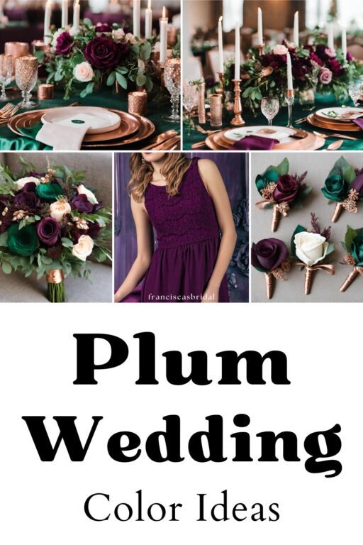 A photo collage of plum and emerald wedding color ideas.