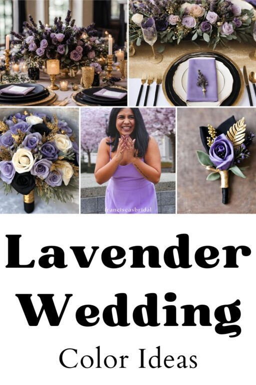 A photo collage of lavender wedding color palette ideas.