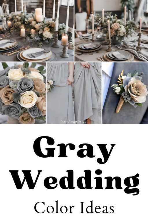 A photo collage of gray wedding color ideas.