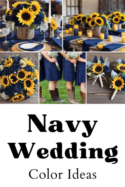 A photo collage of navy and sunflower wedding palette ideas.