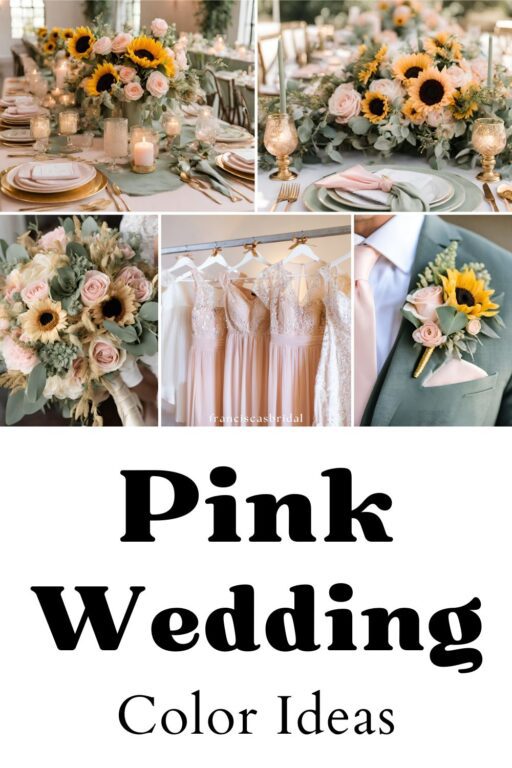 A photo collage of pink and sunflower wedding color ideas.