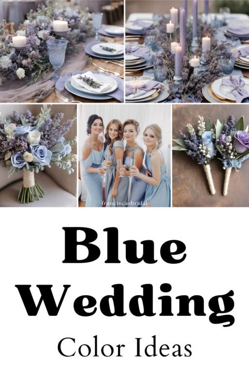 A photo collage of dusty blue and lavender wedding color ideas.