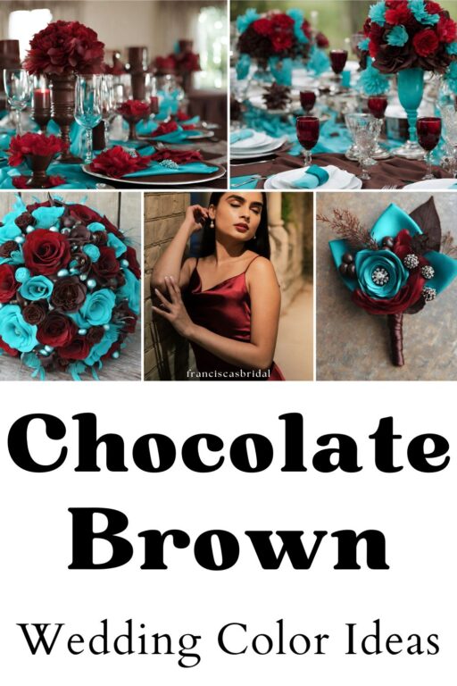 A photo collage of chocolate and red wine wedding ideas.