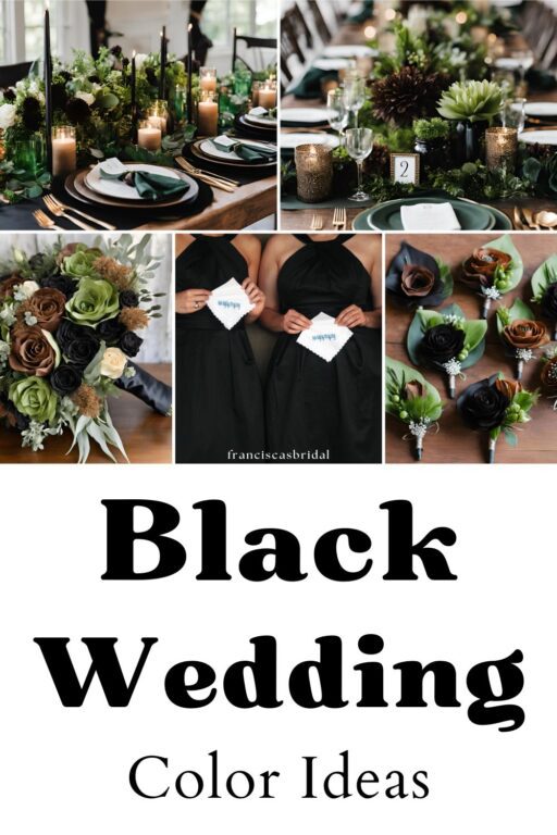 A photo collage of black and brown wedding palette ideas.