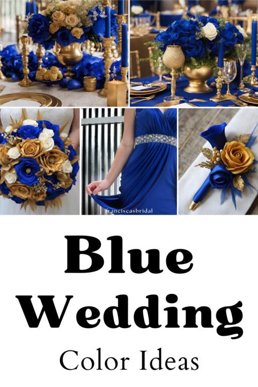 A photo collage of royal blue wedding color ideas.