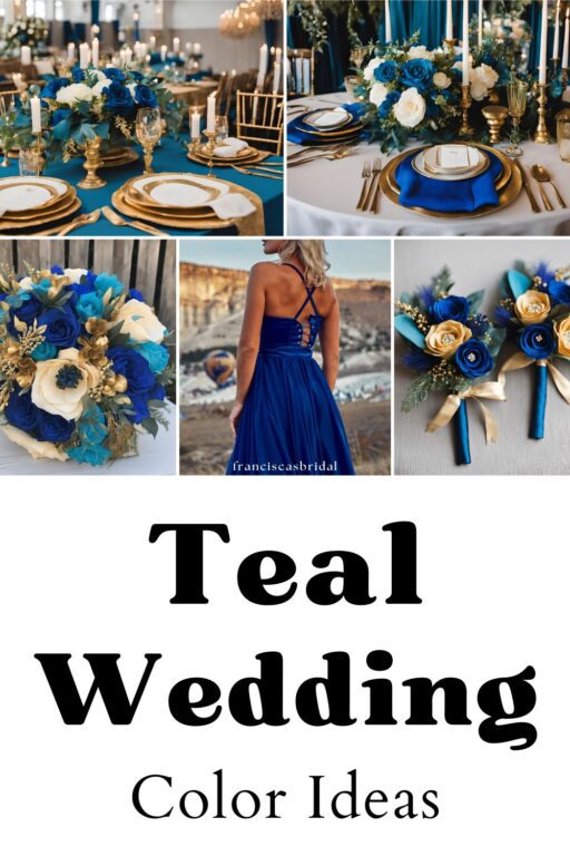 A photo collage of teal and royal blue wedding color ideas.