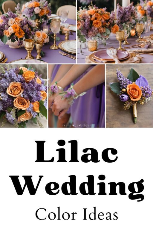 A photo collage of lilac and orange wedding color ideas.