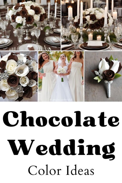 A photo collage of chocolate brown wedding color ideas.