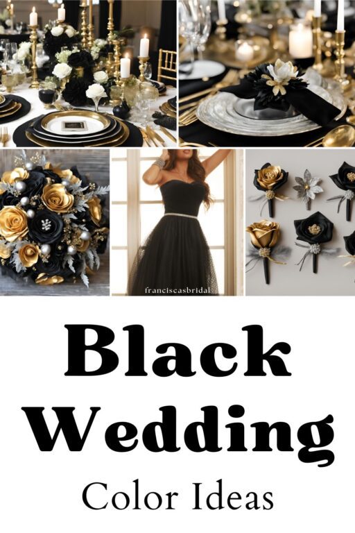 A photo collage of black wedding color palette ideas.