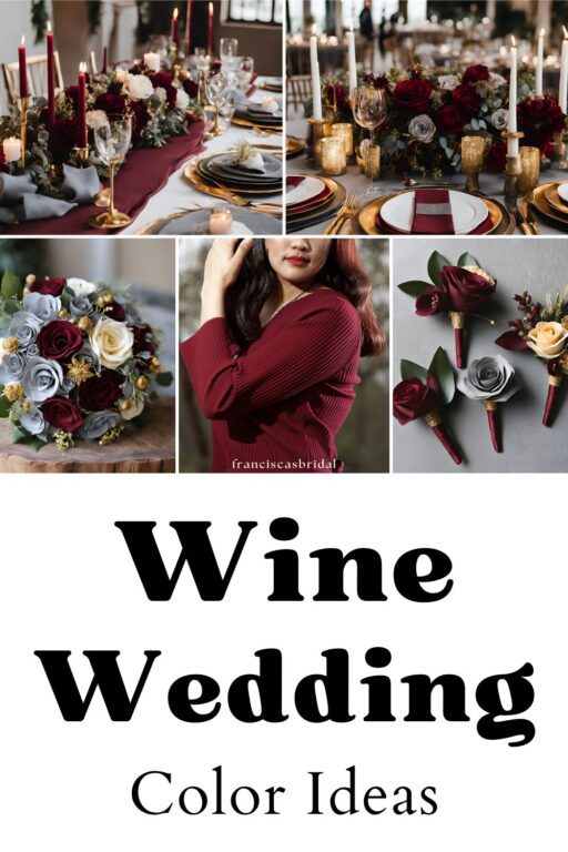 A photo collage of wine red wedding color ideas.