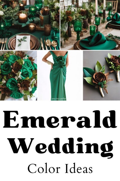 A photo collage of emerald wedding color ideas.