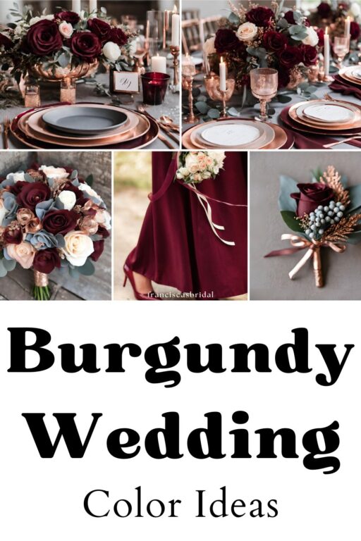 A photo collage of burgundy and rose gold wedding color ideas.