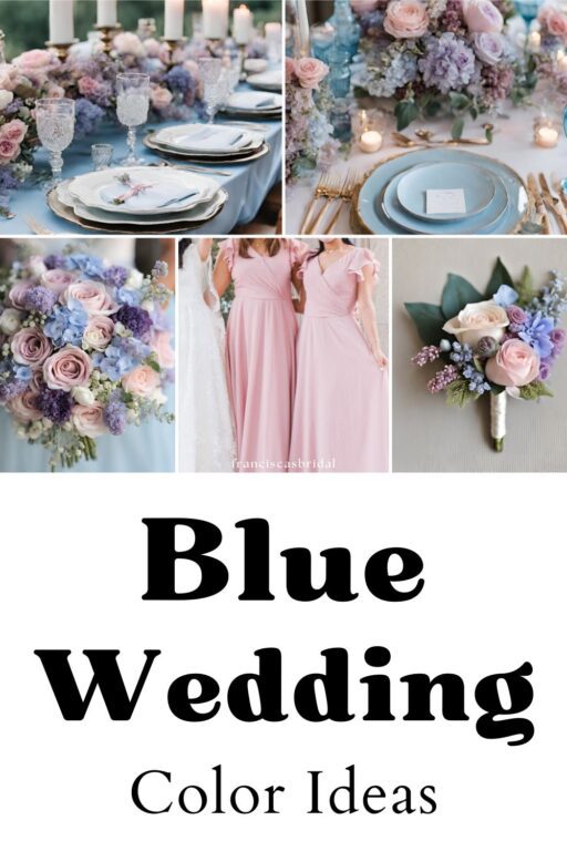 A photo collage of pale blue and pink wedding colors.