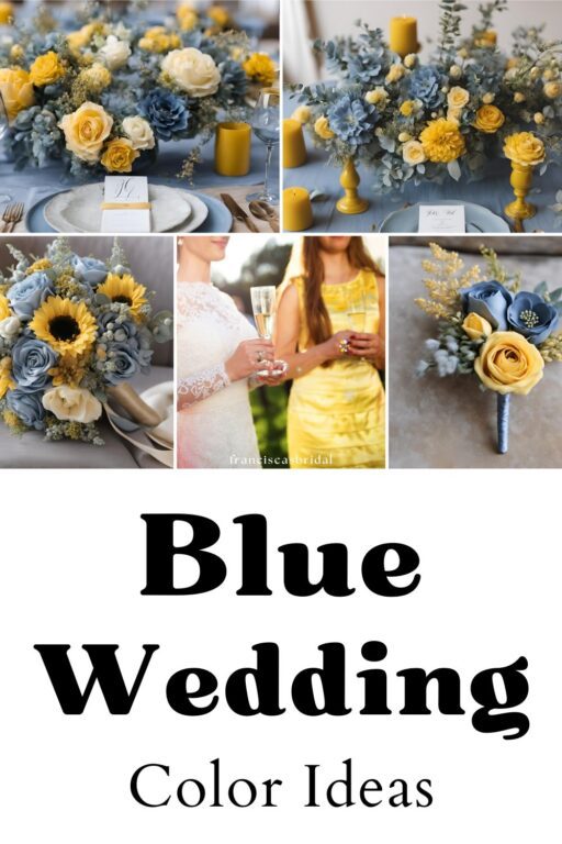 A photo collage of dusty blue wedding color ideas.