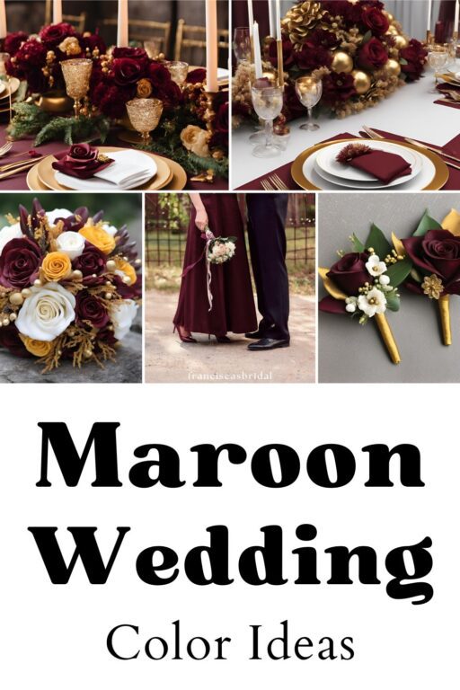 A photo collage of maroon wedding color ideas.