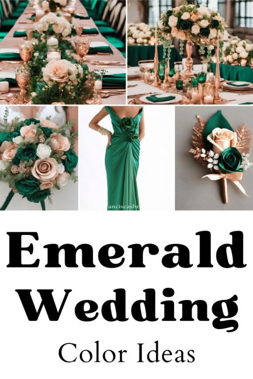 A photo collage of emerald and rose gold wedding color ideas.