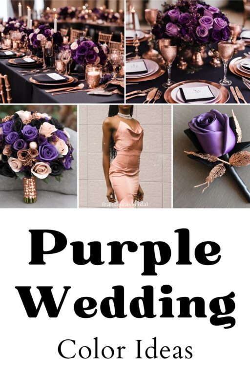 A photo collage of purple and rose gold wedding color ideas.