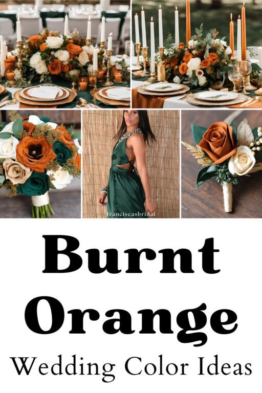 A photo collage of burnt orange and green wedding color ideas.