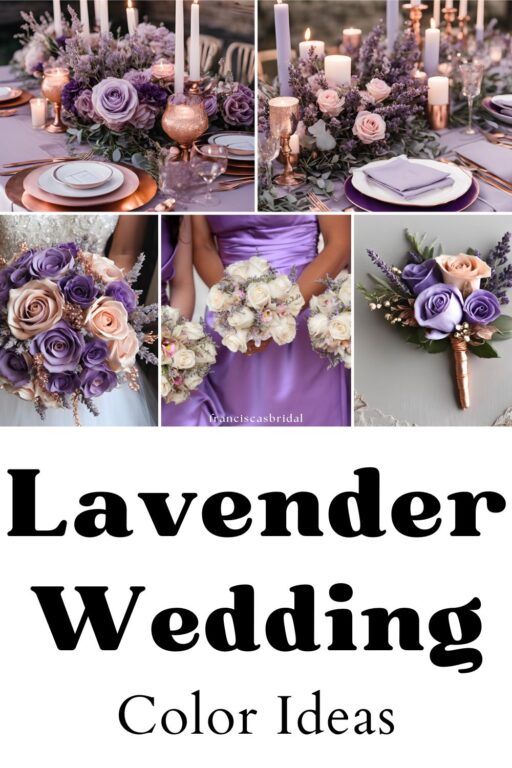 A photo collage of lavender purple and rose gold wedding color ideas.