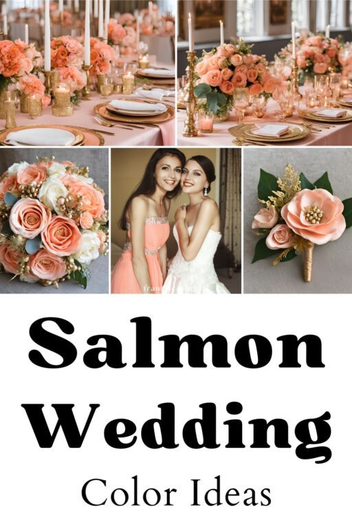 A photo collage of salmon pink wedding color ideas.