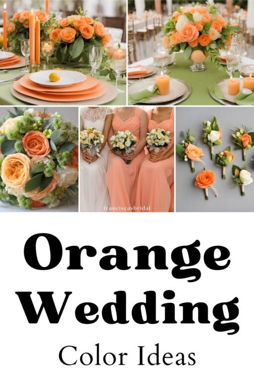 A photo collage of bright orange and green wedding color ideas.