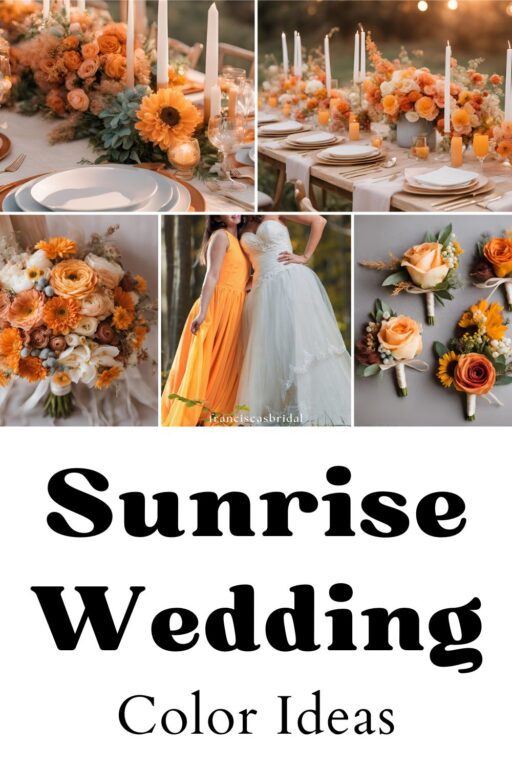 A photo collage of bright orange wedding color palette ideas.