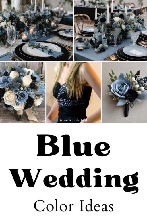 A photo collage of dusty blue wedding color ideas.