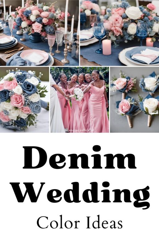 A photo collage of denim blue and pink wedding color ideas.