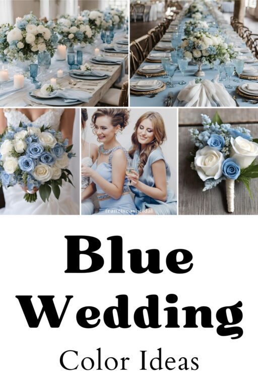 A photo collage of powder blue wedding color ideas.