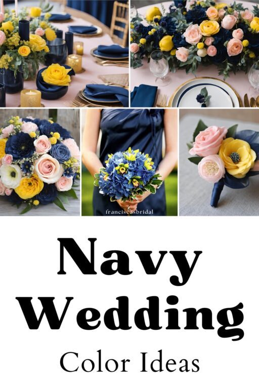 A photo collage of navy wedding color ideas.