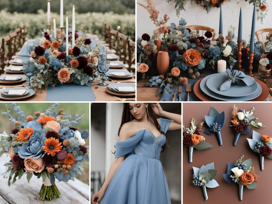 A photo collage of slate blue, terracotta, mulberry, and dusty blue wedding color ideas.