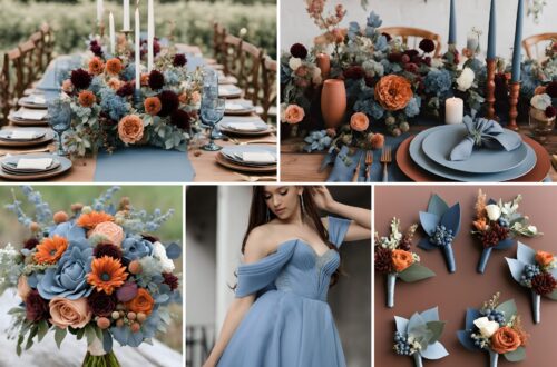 A photo collage of slate blue, terracotta, mulberry, and dusty blue wedding color ideas.