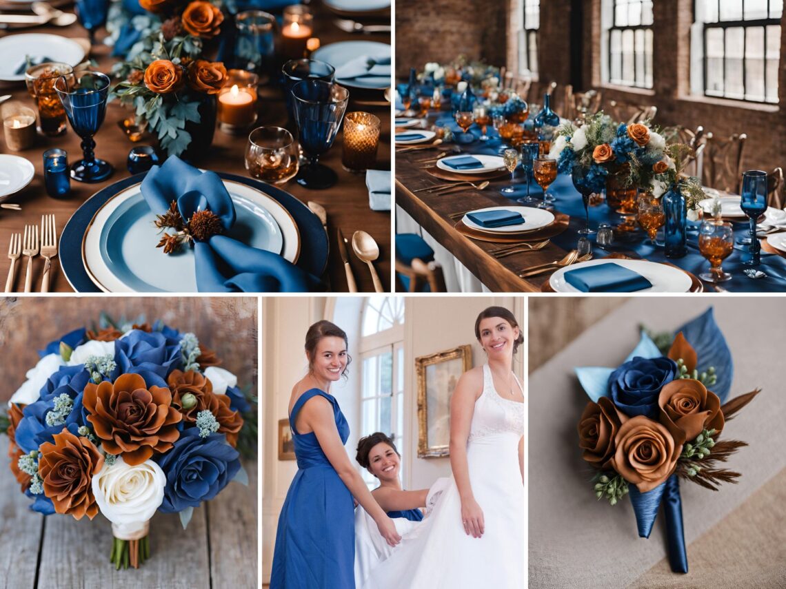 A photo collage of cognac and blue wedding color ideas.