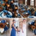 A photo collage of cognac and blue wedding color ideas.