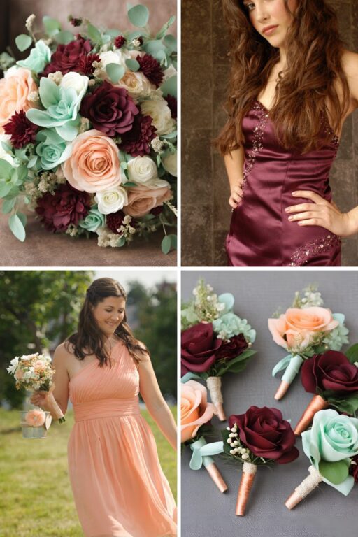 A photo collage of burgundy, peach, champagne, and mint green wedding color ideas.