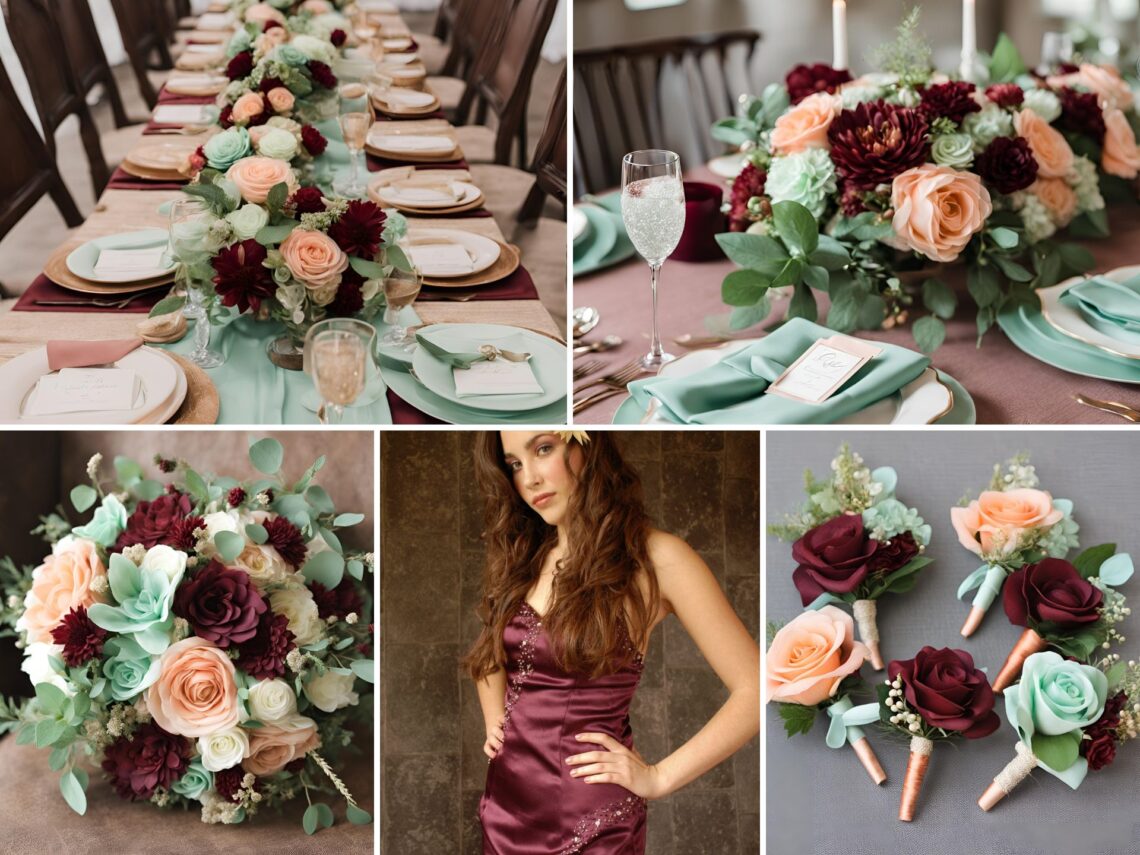 A photo collage of burgundy, peach, champagne, and mint green wedding color ideas.