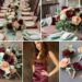 A photo collage of burgundy, peach, champagne, and mint green wedding color ideas.