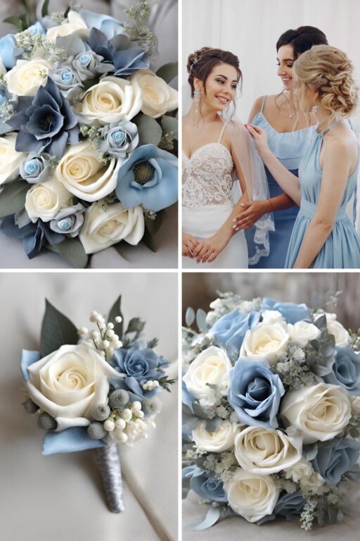 A photo collage of baby blue, dark grey, cream, and white.