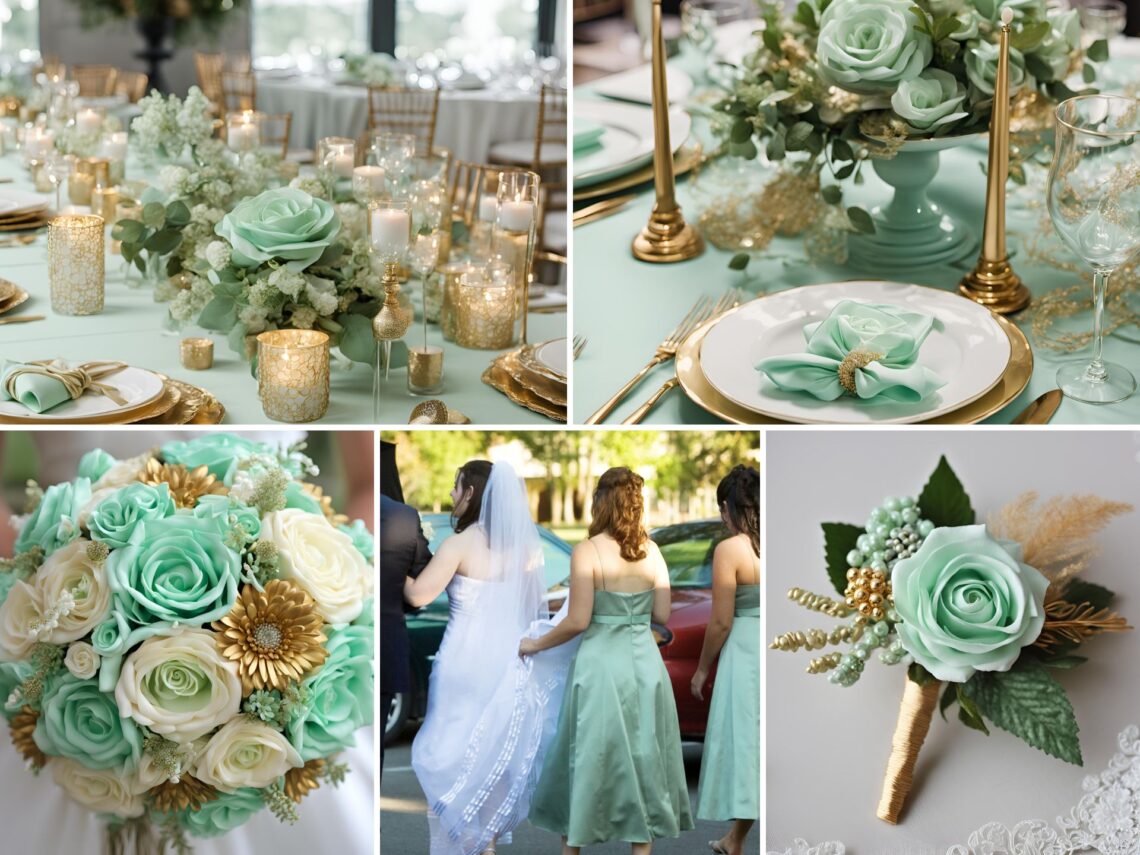 A photo collage of mint green and gold wedding color ideas.