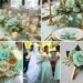 A photo collage of mint green and gold wedding color ideas.