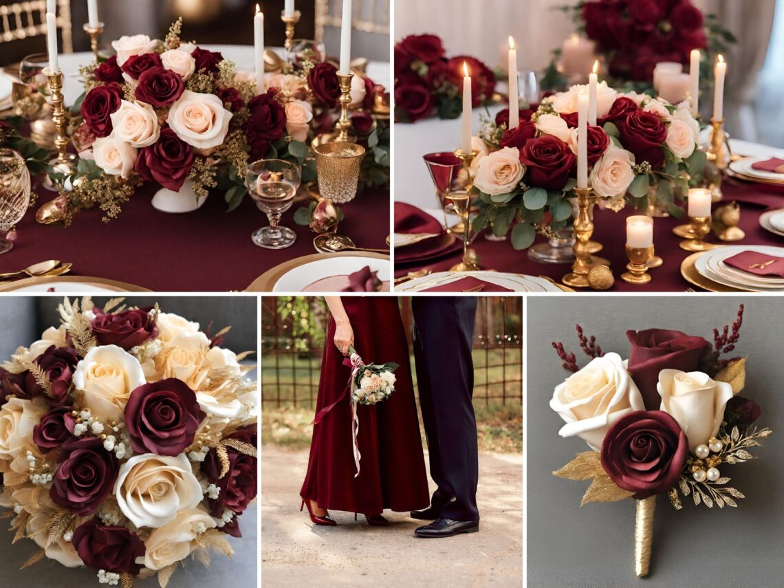 A photo collage of wine red, light rose, and gold wedding color ideas.