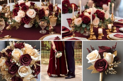 A photo collage of wine red, light rose, and gold wedding color ideas.