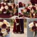 A photo collage of wine red, light rose, and gold wedding color ideas.