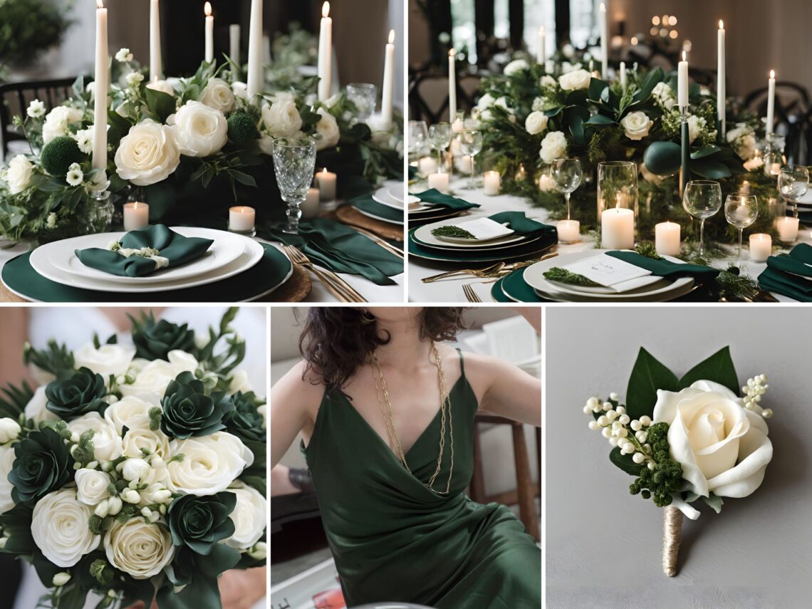 A photo collage of dark green and cream wedding color ideas.