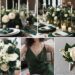 A photo collage of dark green and cream wedding color ideas.